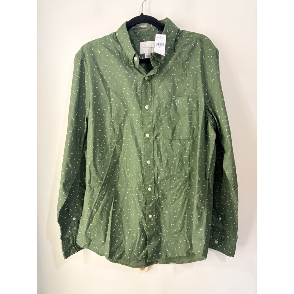 NWT American Eagle Men's Green Button Up Shirt Cotton Print‎ Size Large